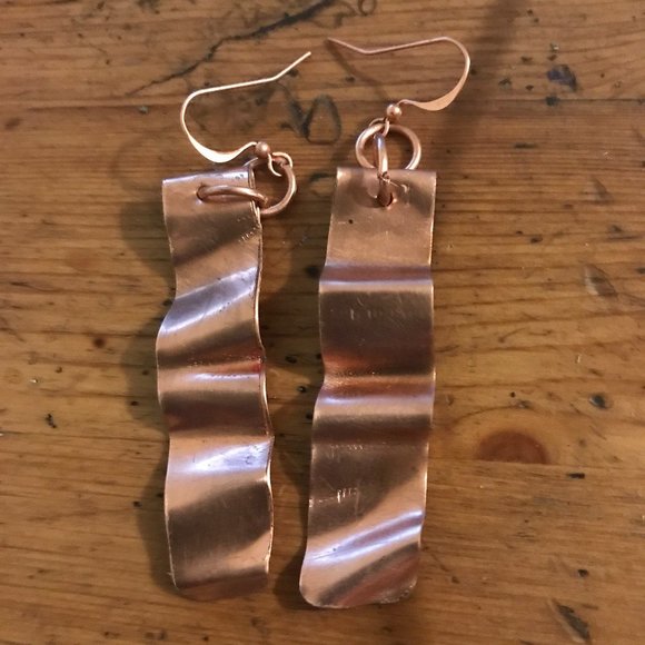 Conceptual Subculture Jewelry - Long Pure Copper Solid Tribal Rustic Earrings Drop Boho Handmade Organic Folded